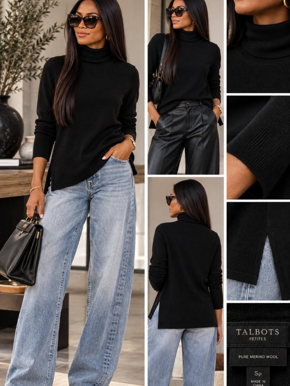 Talbots Petite Pure Merino Wool Black Turtleneck Sweater SP